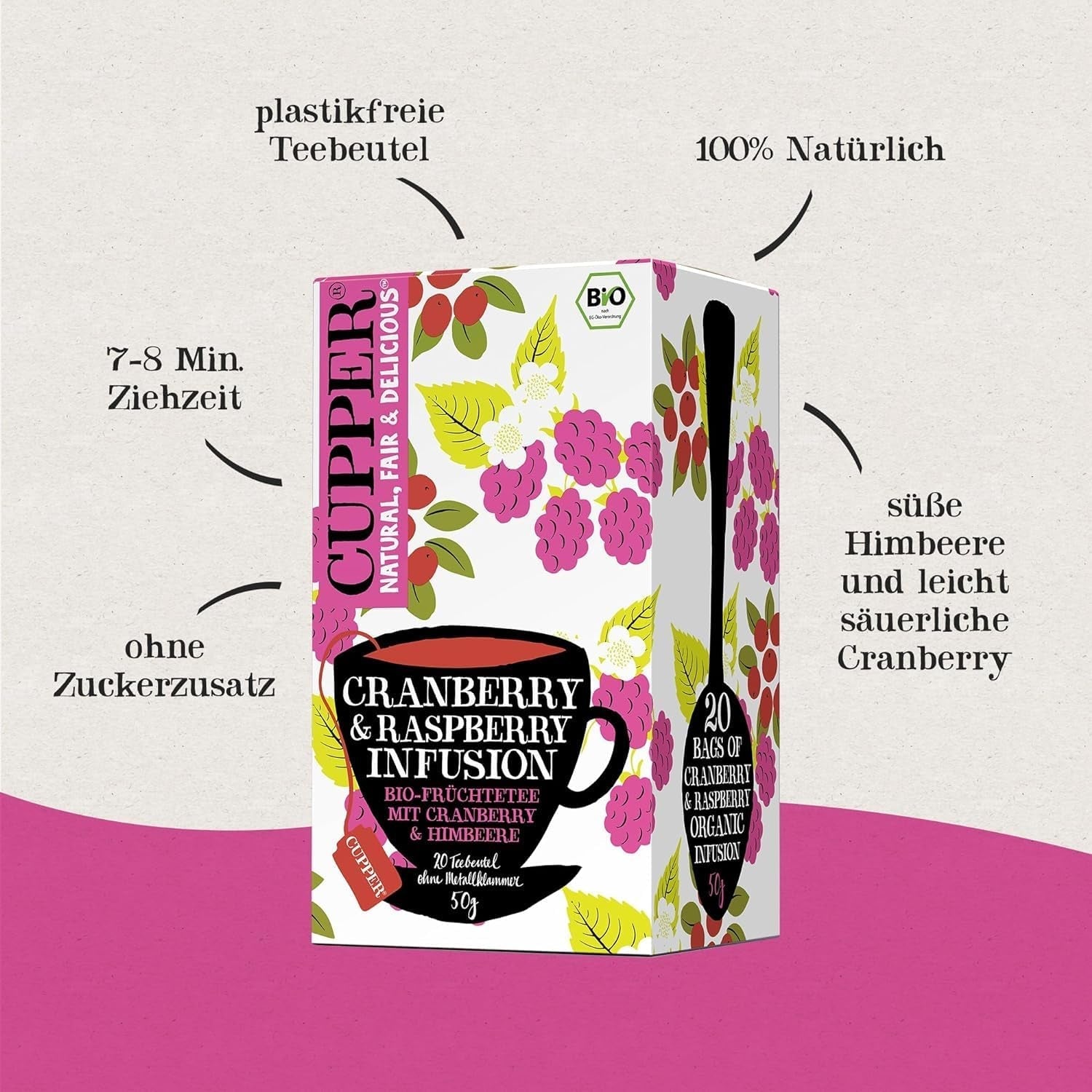 Cupper Ceai de fructe organic Cranberry Rasperry, 20 pliculețe de ceai nealbite, ecologic, comerț echitabil