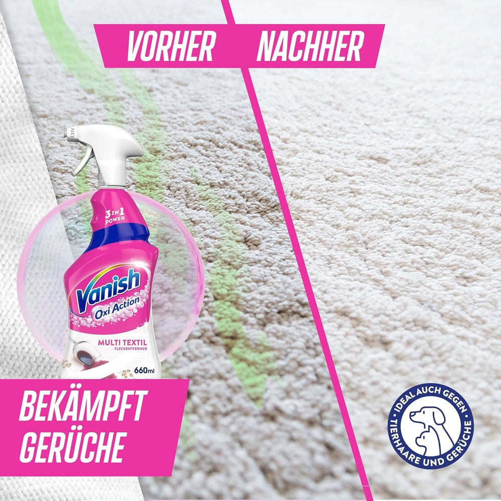 Vanish Oxi Action Multi - Odplamiacz do tekstyliów w sprayu - 660 ml - Detergent do tekstyliów do dywanów i tapicerki - przeciw brudowi i zapachowi moczu Naty Shop