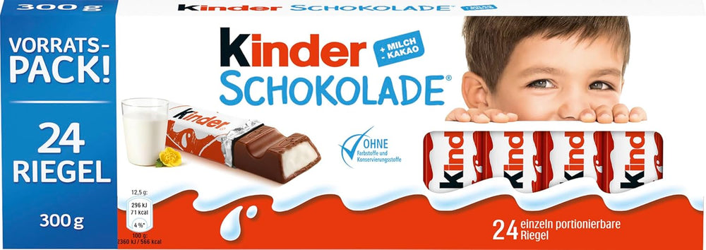 Kinder Chocolate - Nadziewane batoniki mlecznej czekolady - 1 opakowanie zawierające 24 pojedyncze batoniki (24 x 12,5 g).
