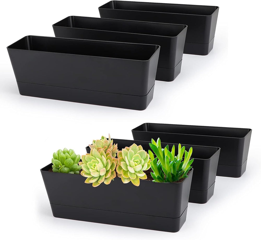 Set de 3 ghivece dreptunghiulare (40,6 × 9,7 cm) cu farfurioare – ghivece albe din plastic pentru ierburi, flori, legume – pentru balcon, grădină, pervaz, interior și exterior