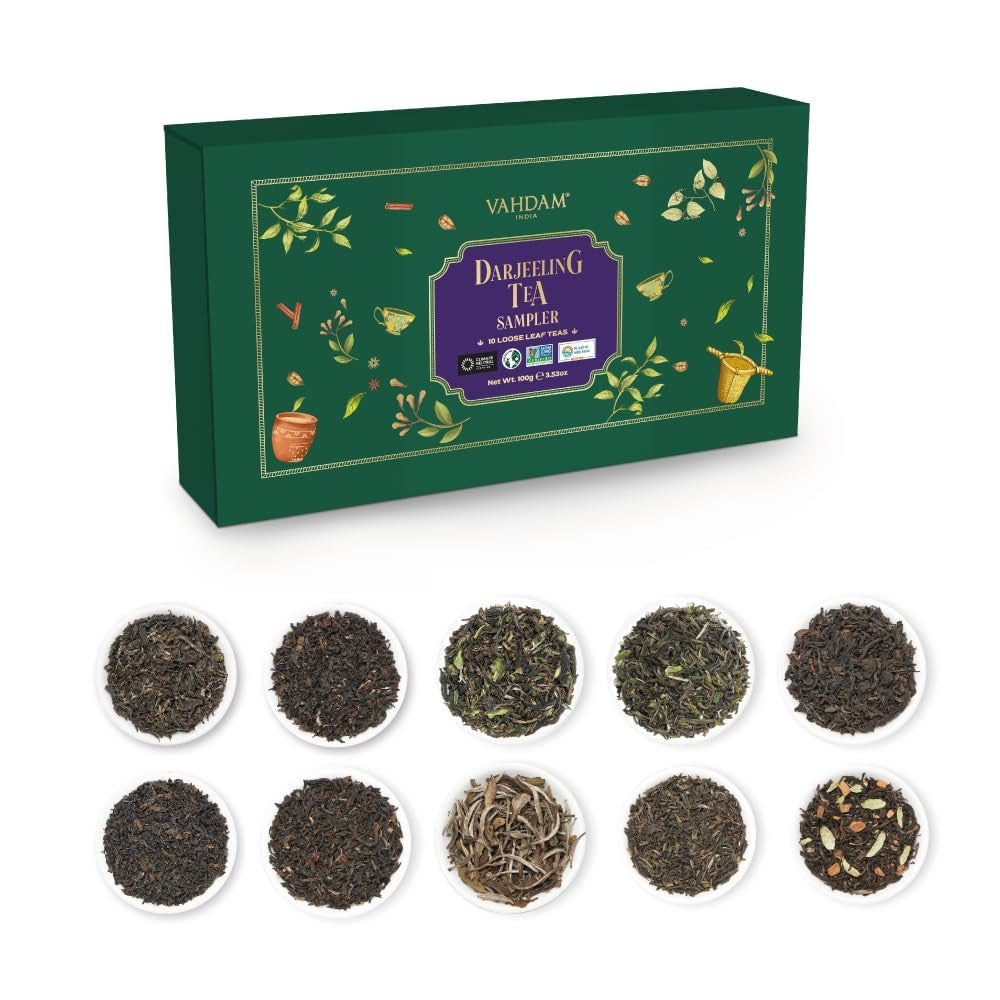 VAHDAM, set cadou cu sortimente de ceai - set de 10 ceaiuri | Ingrediente 100% naturale | Set cadou cu ceai vrac | Ceai negru, ceai verde, ceai Oolong, ceai Chai, ceai alb | Ceai vrac | Set cadou cu set de ceaiuri de probă