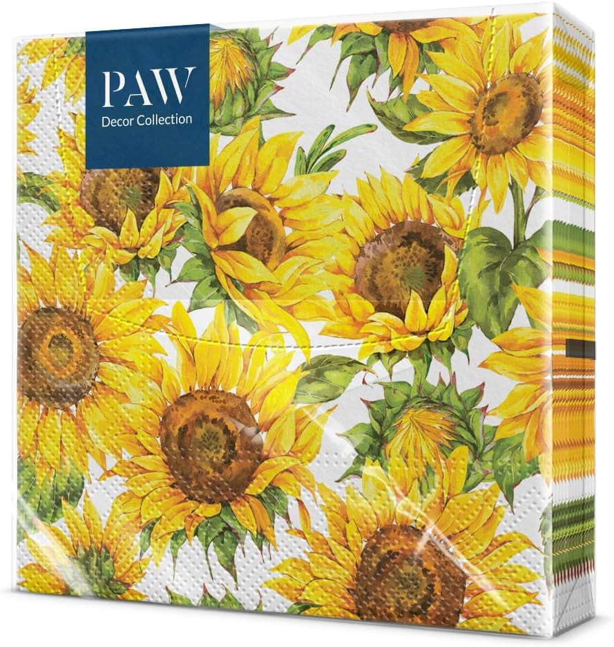 PAW - Șervețele 3 straturi (33 X 33 Cm) I 20 bucăți I Perfect pentru zile de naștere, petreceri, întâlniri I Decorațiuni de masă de toamnă I Șervețele de hârtie colorate - Floarea-soarelui Petale galbene I Floarea-soarelui dansatoare