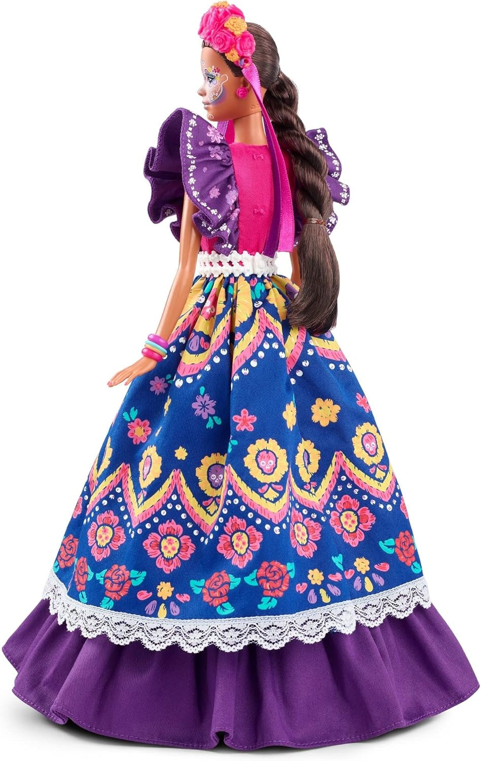 Păpușă Barbie 2022 Día De Muertos cu rochie tradițională cu volane, coroană de flori și vopsea facială Calavera, cadou pentru colecționari