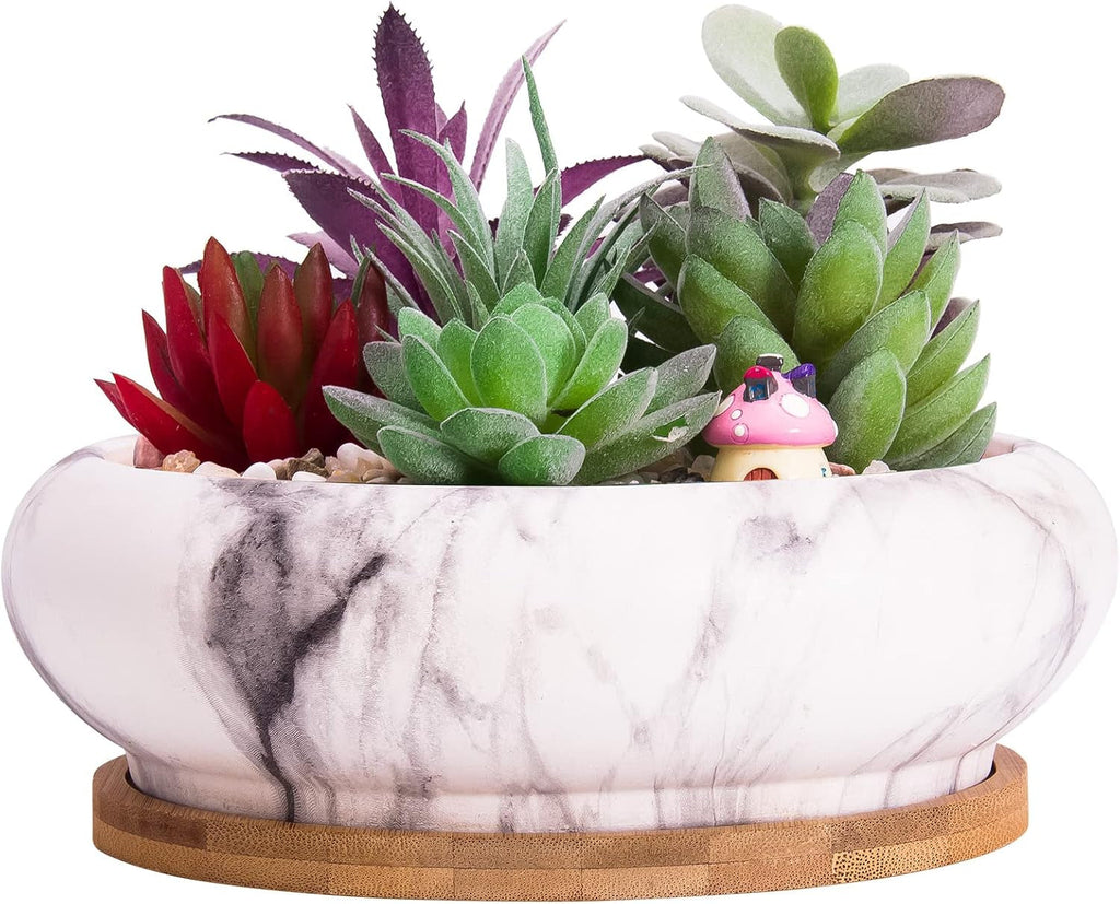 Ghivece mari pentru plante suculente cu farfurioare din bambus, jardiniere ceramice pentru cactus de 18,5 cm, ghivece rotunde pentru flori, recipiente pentru bonsai pentru grădină, birou, decorare birou