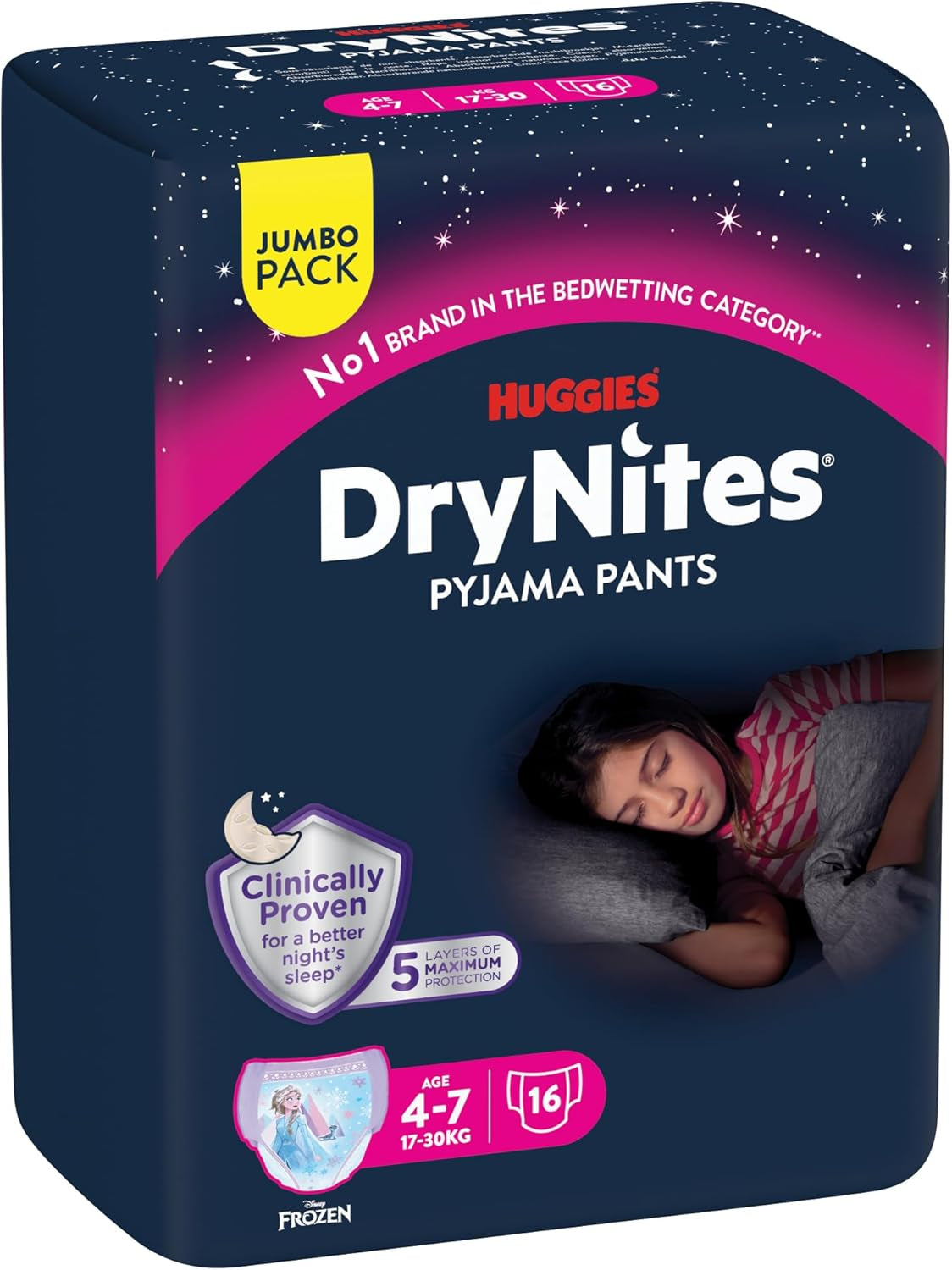 Huggies DryNites Super chłonne pieluchy na noc dla dziewczynek 4-7 lat, 4 x 16 pieluch majtkowych (64 sztuki), opakowanie miesięczne