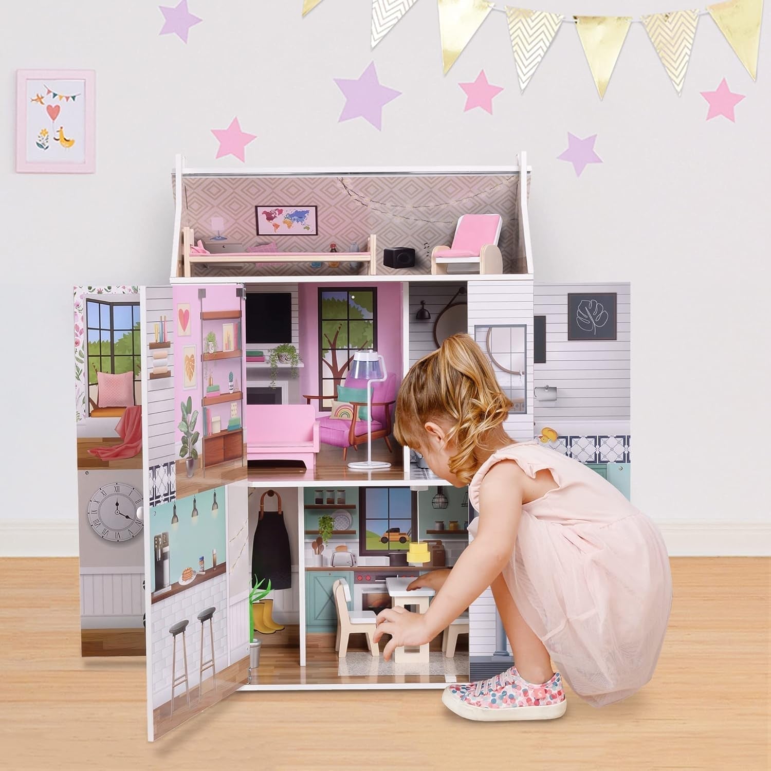 Olivia'S Little World Dreamland Farmhouse Kids Interactive Wooden Dollhouse 3 etaje cu 13 accesorii de mobilier pentru păpuși alb TD-13632A Casute de papusi Naty Shop