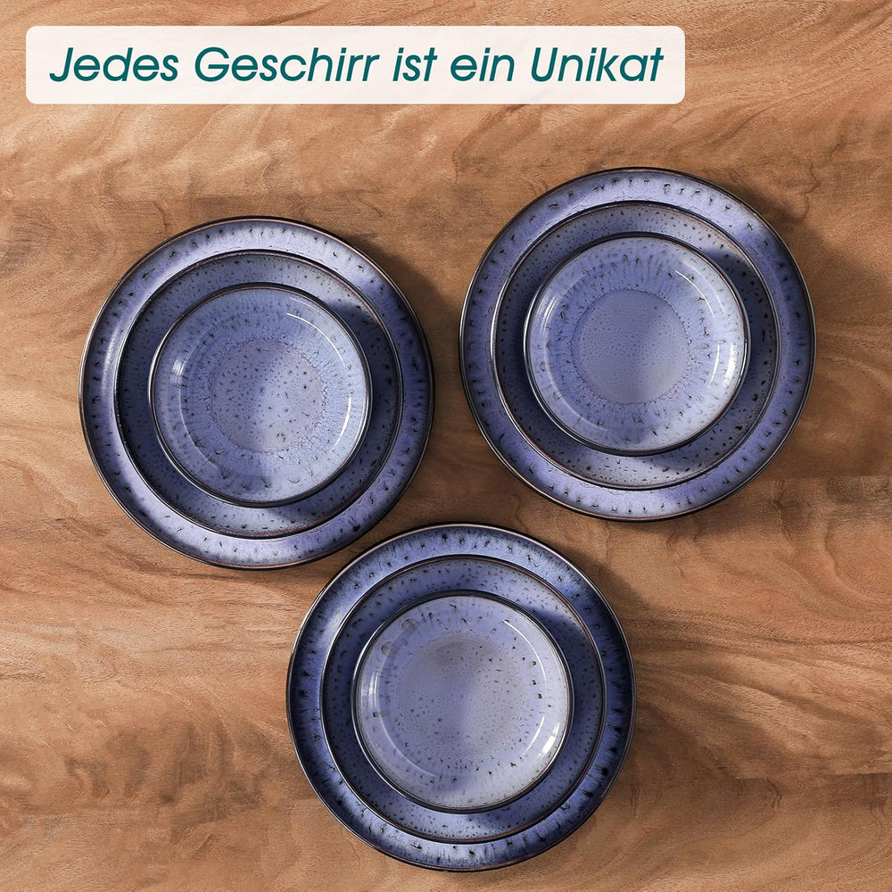 Steingut Geschirrset 6 Personen, vancasso AMBER Teller Set 6 Personen, Tafelservice 24tlg mit Speiseteller, Dessertteller, Suppenteller, Schüssel, Reaktive Glasur, Abendviolett, Spülmaschinenfest