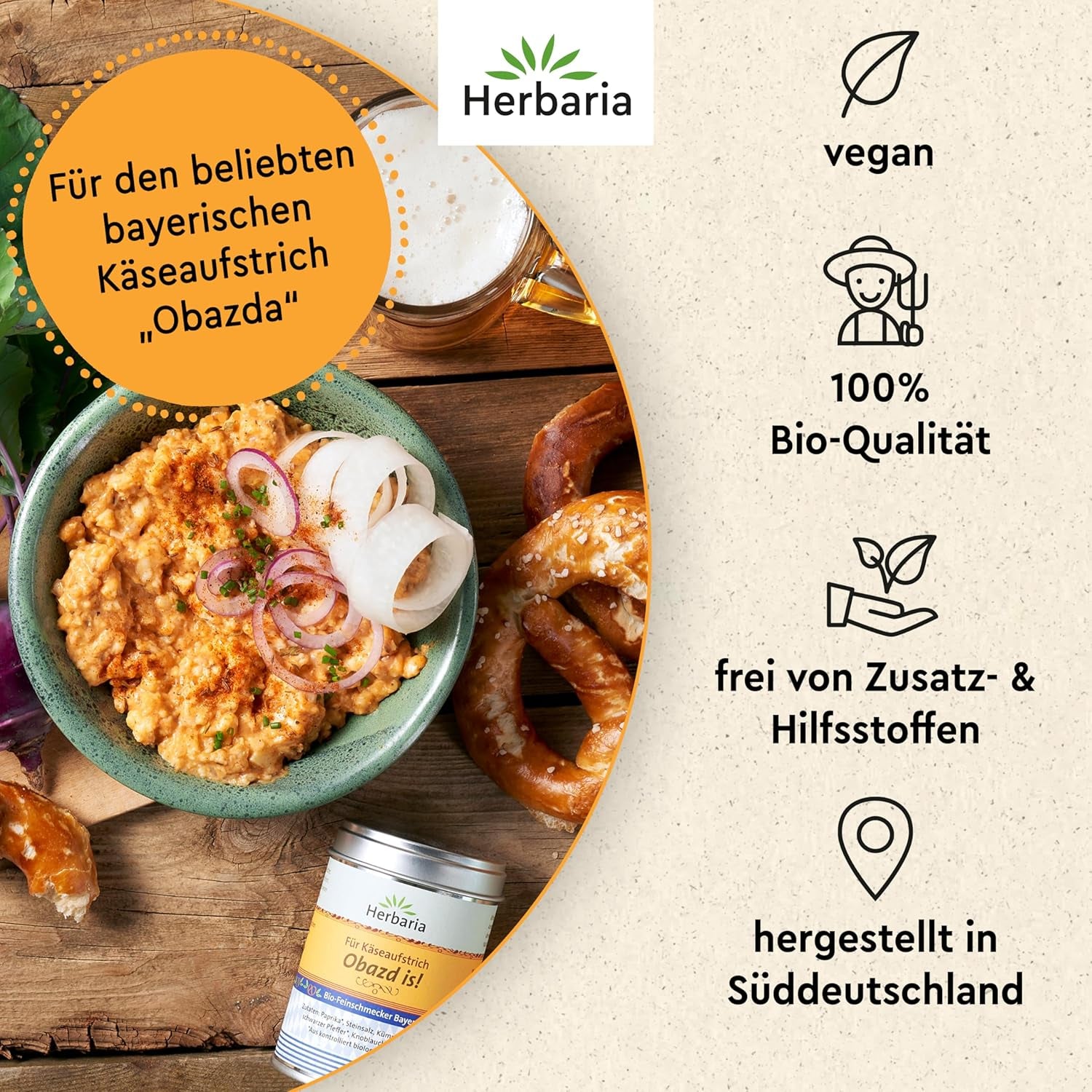 Herbaria Obazd jest! bio 90g M-Dose – Bio-Gewürzmischung bayerischen Biergartenklassiker Obazda – dla Brotaufstriche, Käsegerichte, Käsefondue – Raclette Gewürz - w nachhaltiger Aromaschutz-Dose