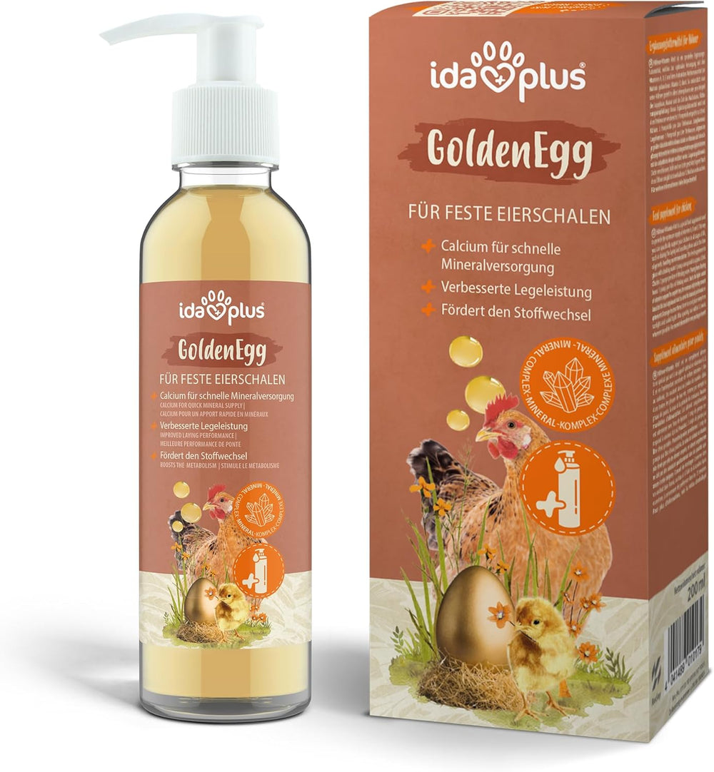Ida Plus - GoldenEgg 200 ml - zredukowany Brucheier & Federfressen - wspierany Federwachstum & Federkleid - Wichtige Mineralien & Vitamine für Hühner - Beste Eierqualität bei Ihrer Hühnerhaltung