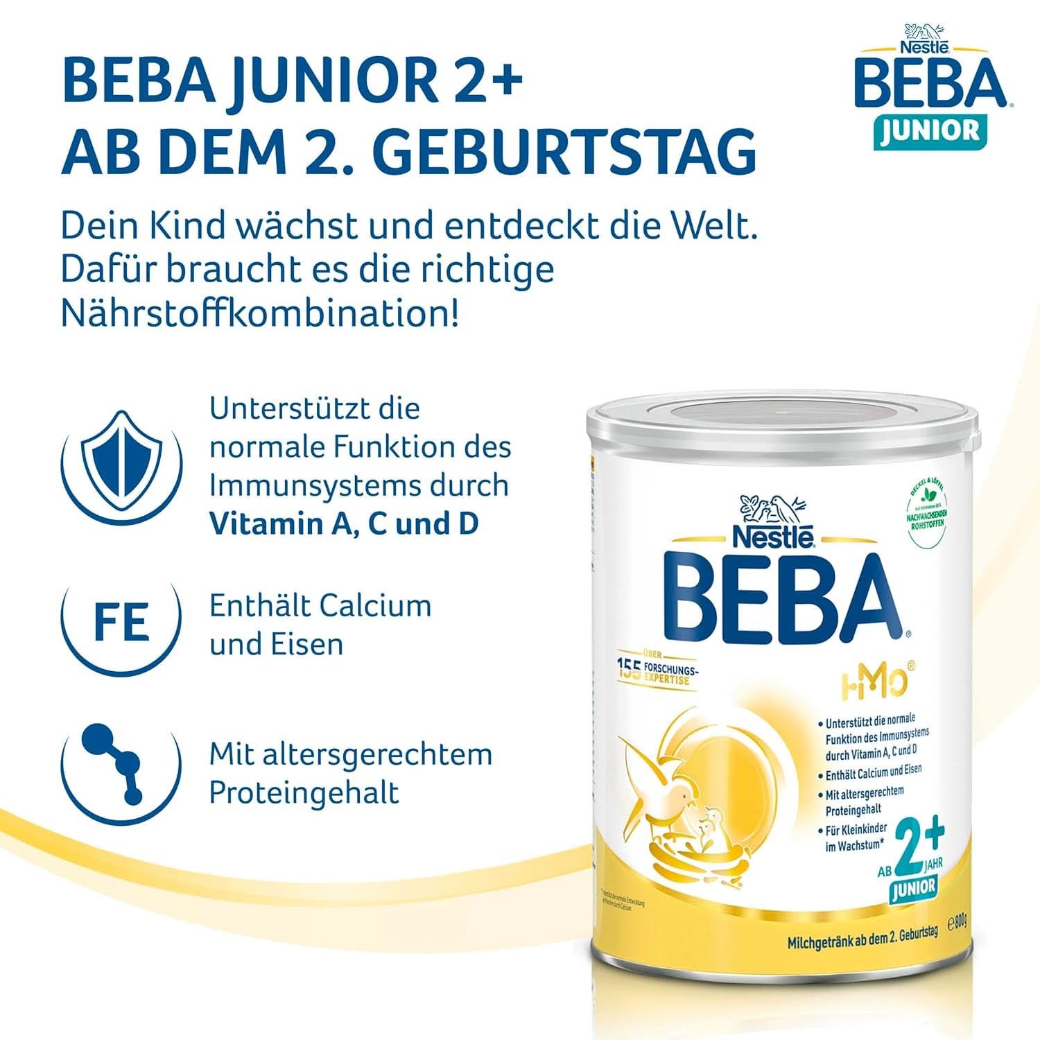 Băutură cu lapte BEBA Junior 2+ de la a 2-a aniversare, mâncare pentru copii cu HMO 2'-FL, numai lactoză, fără ulei de palmier, pachet 6 (6 x 800 g) Mama si Copilul Naty Shop