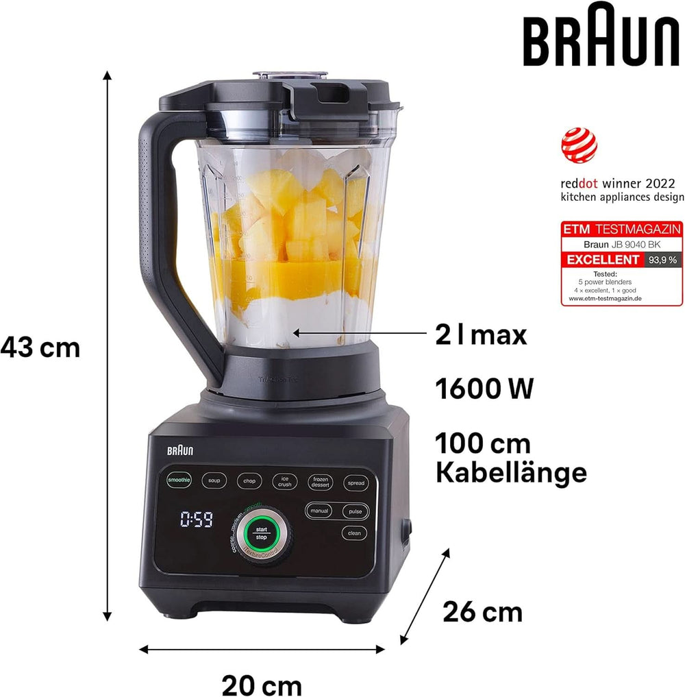 Braun Hochleistungsmixer Powerblend 9 JB9040 – Mikser stojący Mit Glas-Mixkrug, 18 programów Mix, 10 Geschwindigkeiten + Pulsefunktion, Heiße Suppen Funktion, Reinigungsprogramm, Stampfer, 1600 W, Schwarz Kitchen Naty Shop