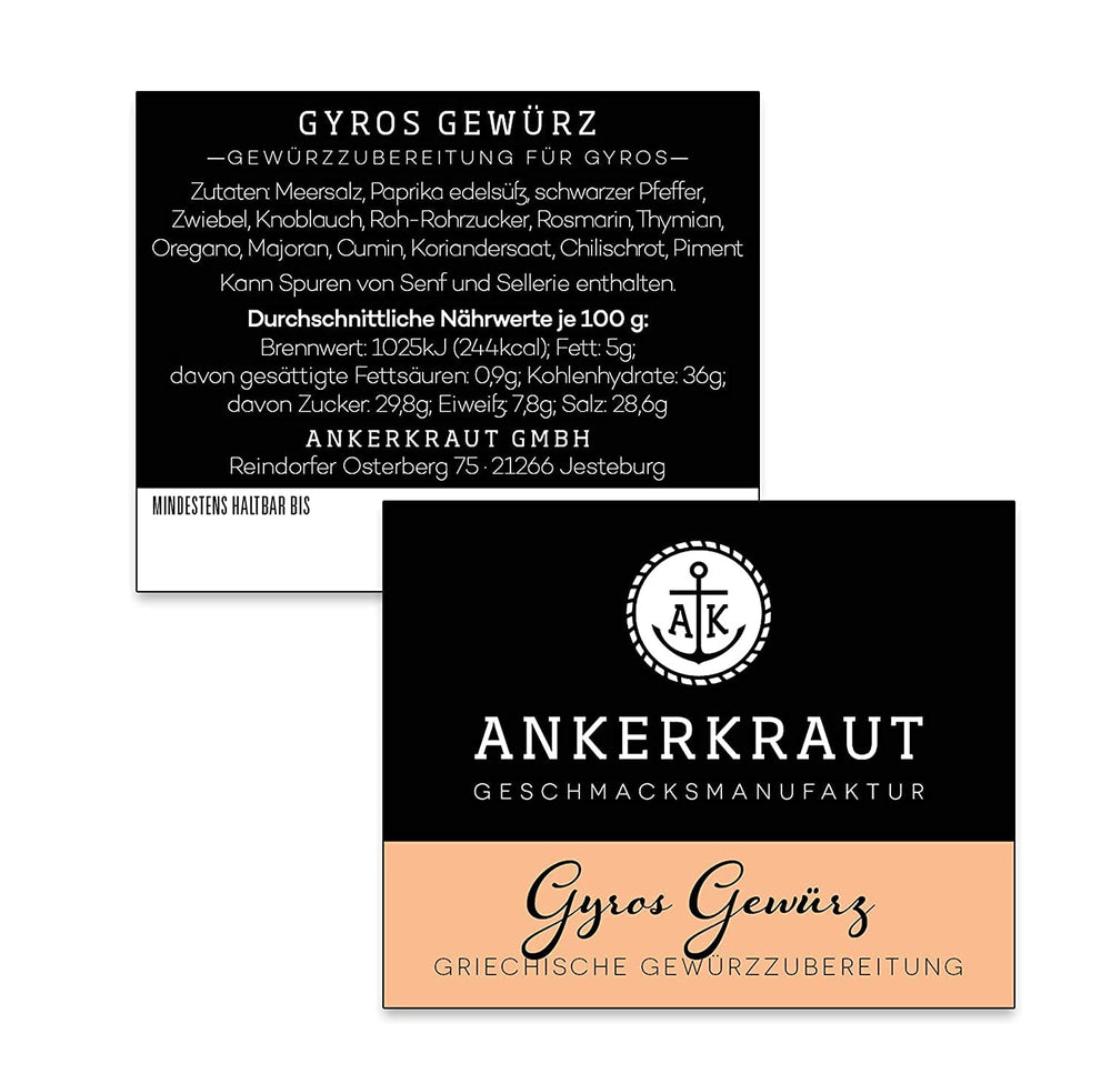 Ankerkraut Gyros, Gewürzmischung für Gyros, egal ob aus der Pfanne oder vom Grill, mit Zwiebel, Knoblauch, Majeranek, Kminek, Piment und Mehr, 80 g im Korkenglas