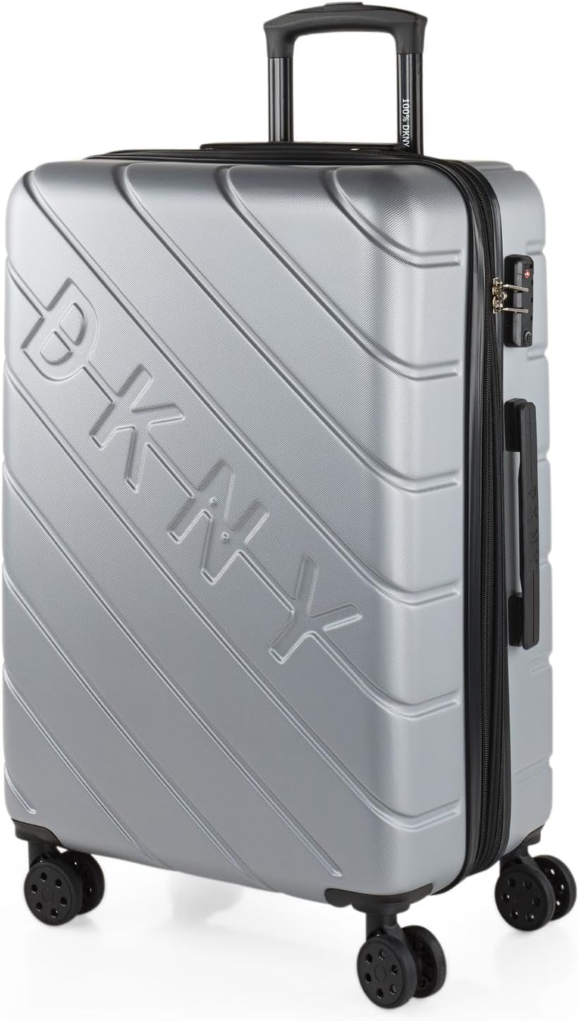 DKNY - Valiză mare cu 4 roți valiză mare ușoară - Valiză de călătorie cu roți mare. Valiză de călătorie mare pentru avioane Valiză hard shell cu închidere certificată - Valiză troler mare, argintie Bagaje și echipament de călătorie Naty Shop argint M