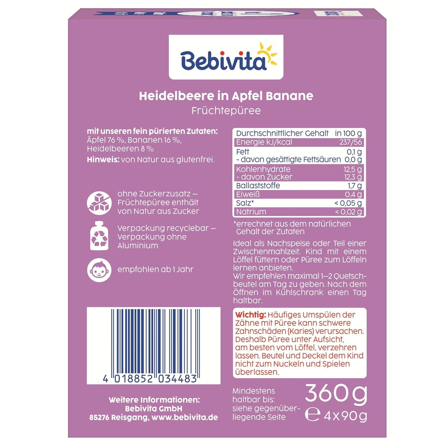 Torebki do wyciskania z jagodami, jabłkami i bananami - 16 (4 opakowania po 4 x 90 g każde), bez dodatku cukru, bezglutenowe, idealne na wynos i przekąski w podróży