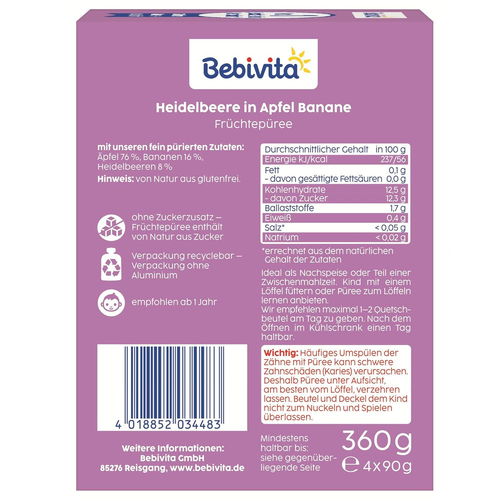 Torebki do wyciskania z jagodami, jabłkami i bananami - 16 (4 opakowania po 4 x 90 g każde), bez dodatku cukru, bezglutenowe, idealne na wynos i przekąski w podróży