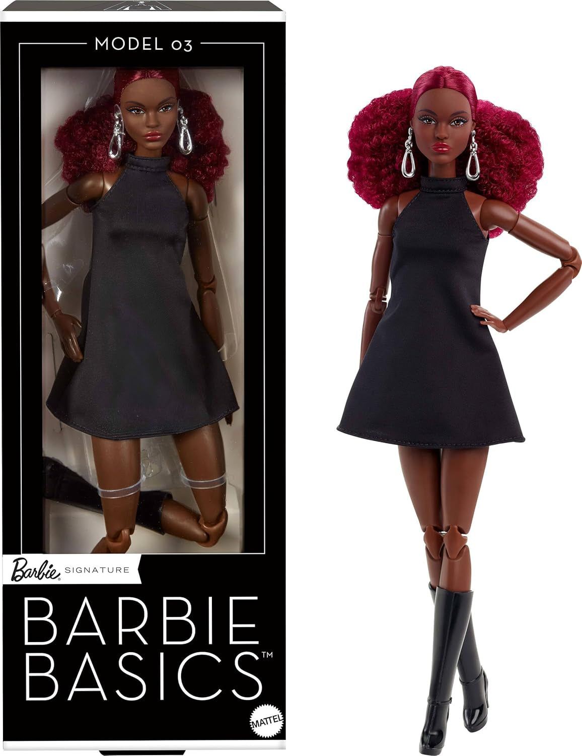 Barbie Basics Model 3, Păpușă de colecție cu bucle roșii, rochie mini neagră și cizme, modă cu potrivire universală, corp mare articulat și cap interschimbabil, JBH75