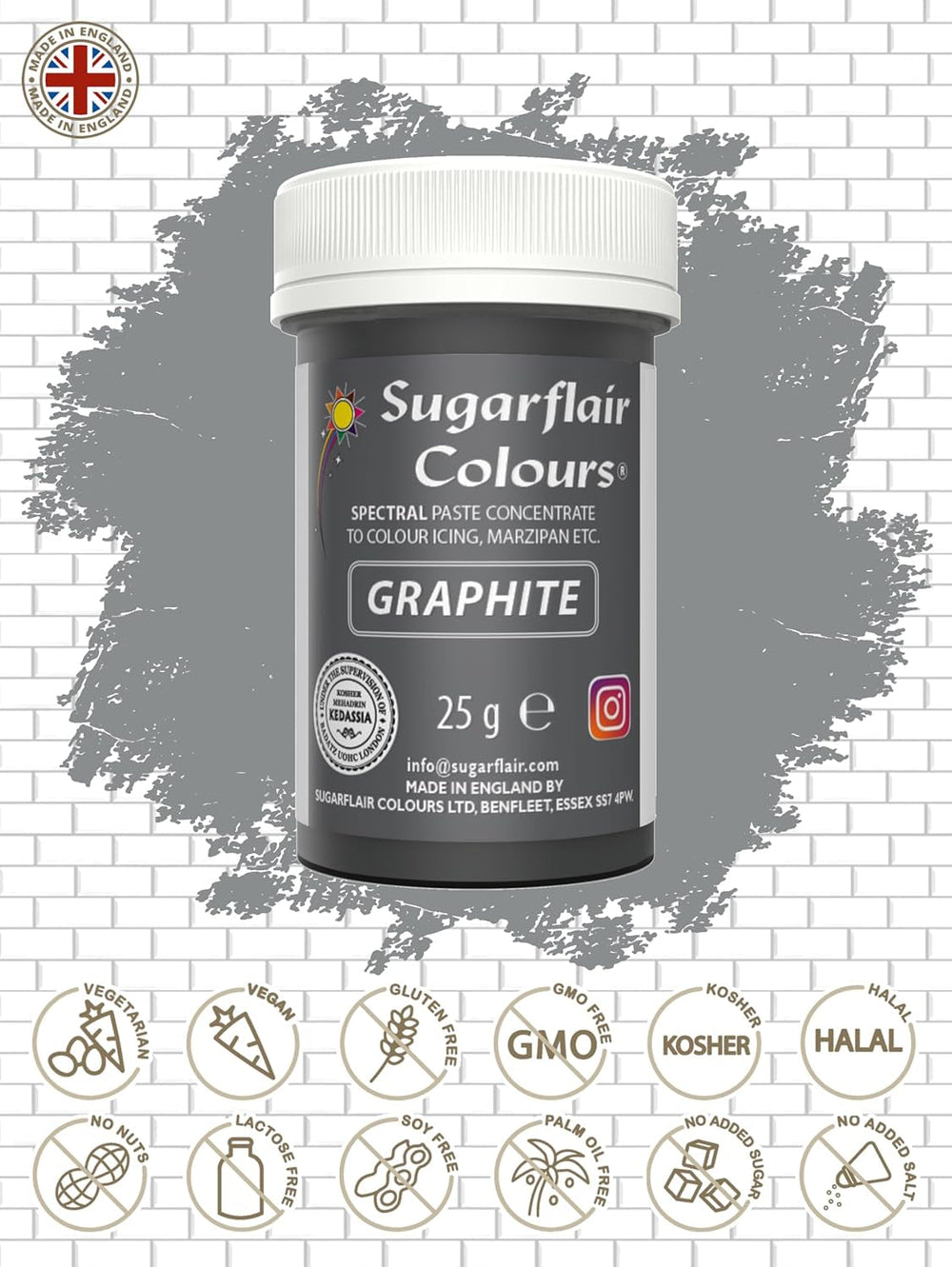 Pastă de colorant alimentar Sugarflair Grafit, colorant alimentar spectral concentrat pentru cremă de unt, pastă de zahăr, glazură, mixuri pentru prăjituri, macarons și multe altele! - 25g