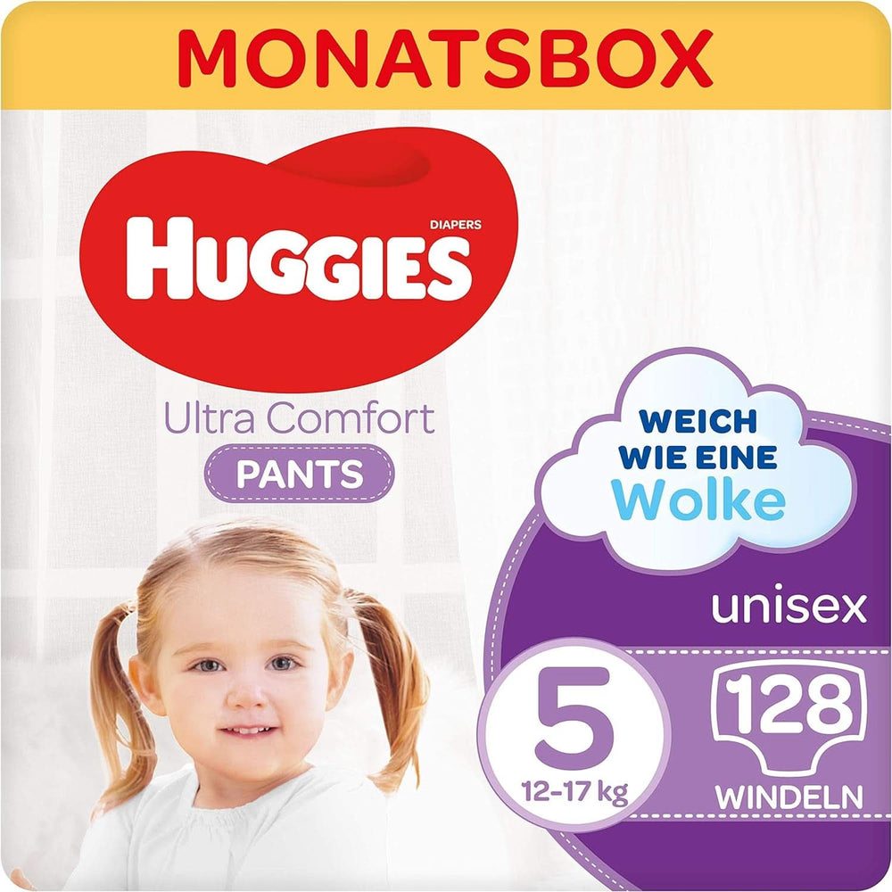 Spodnie Huggies Ultra Comfort, rozmiar 5, 12-17 kg, Dla aktywnych dzieci, Ze wskaźnikiem wilgoci i technologią chmurki w pasie, 128 pieluch Sklep dla matek i dzieci Naty Shop