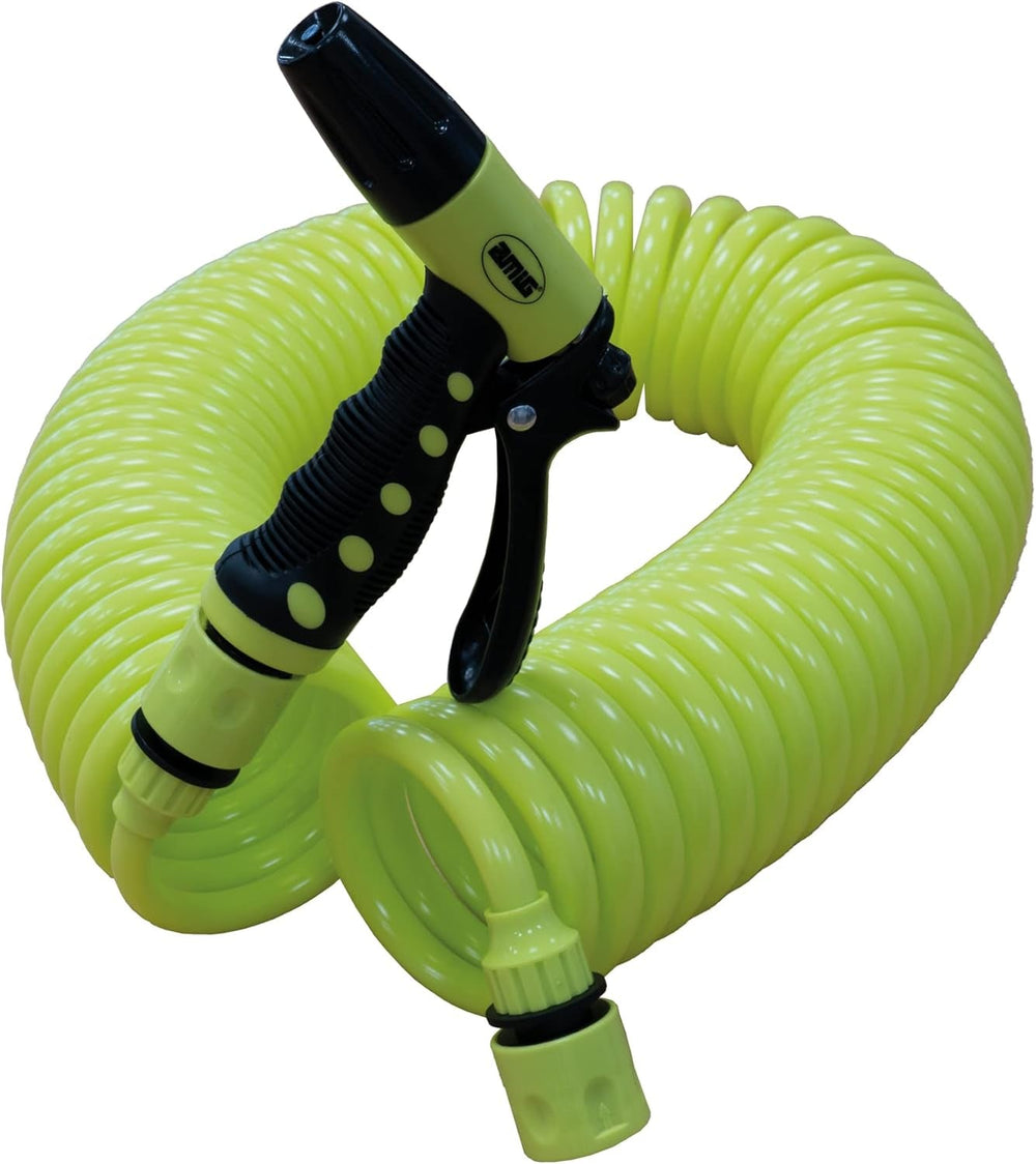 Amig - Furtun | Spiral | 15 m | Include 4 accesorii | Cu pistol de udare, adaptor pentru robinet și 2 cuplaje rapide | Cauciuc EVA | Verde fistic