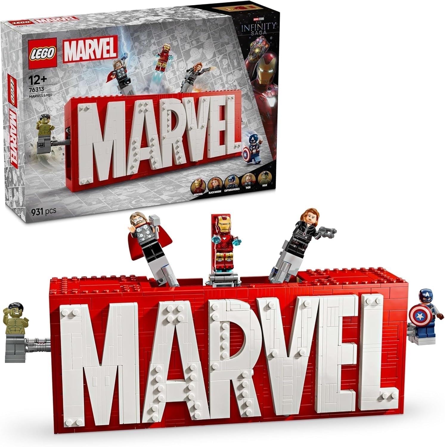 LEGO Marvel: logo Marvela i minifigurki — zestaw kolekcjonerski Hulk, Thor, Iron Man, Czarna Wdowa i Kapitan Ameryka — zestaw do budowania figurek Avengers — prezent dla chłopców i dziewcząt w wieku od 12 lat 76313 Zestawy do budowania Beuche den LEGO-Store Domyślny tytuł