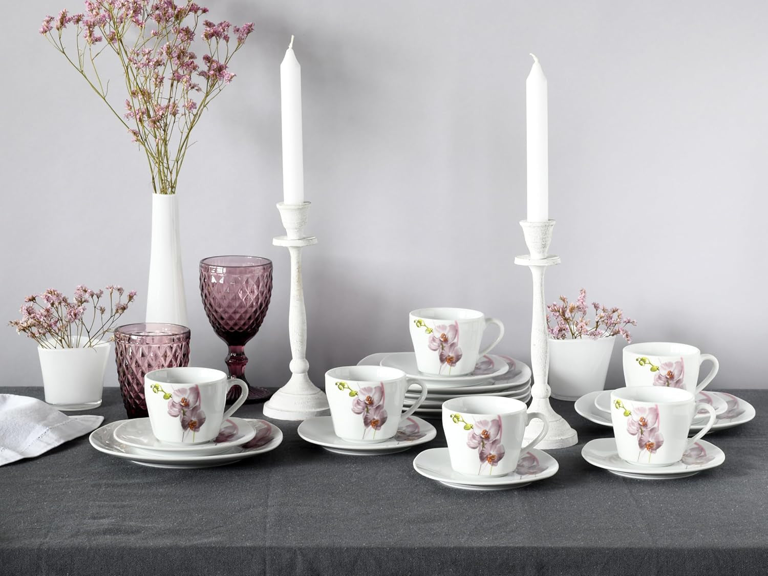 CreaTable, 24024, seria Square Orchid, set de veselă cu 18 piese pentru 6 persoane, serviciu de cafea din porțelan, potrivit pentru mașina de spălat vase și cuptorul cu microunde, producție de calitate