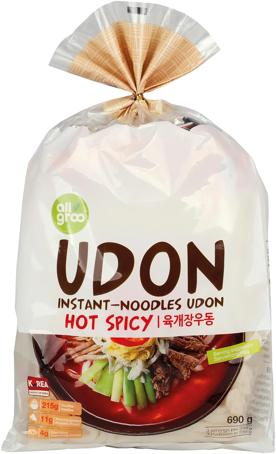 Allgroo Udon Instant Noodles - Pikantna Zupa Udon, szybkie przygotowanie - Zawiera 3 porcje - 1 x 690g