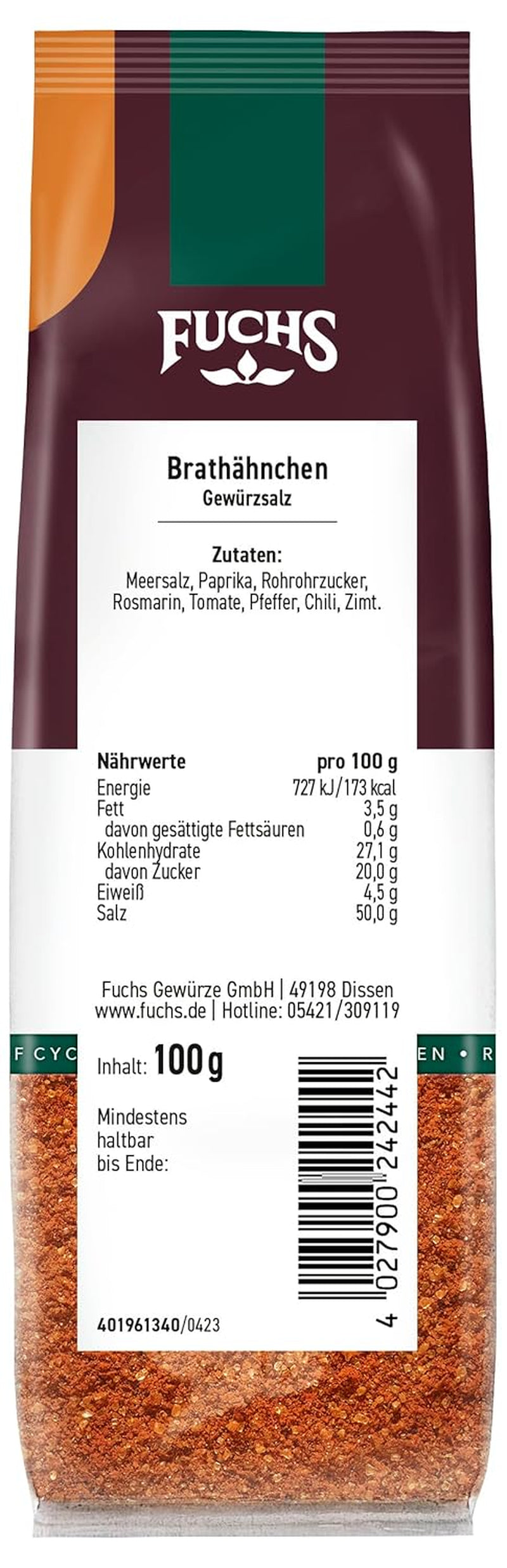 Fuchs Gewürze - Brathähnchen Gewürzsalz im recyclebaren Nachfüllbeutel, Salz zum Würzen von gebratenem Geflügel-Fleisch - 100 g