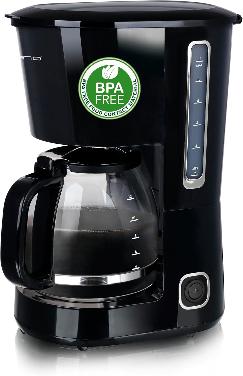 Emerio CME-122933, Cafetieră cu filtru, 1,25 l pentru până la 10 cești de cafea proaspătă, filtru permanent detașabil, funcție anti-picurare, carafă din sticlă, oprire automată, 1000 wați, negru/argintiu