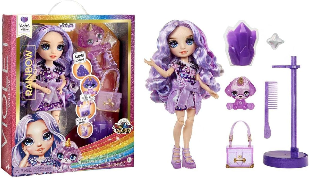 Păpușă Rainbow High Fashion cu Slime și Animal de Companie - Violet (Mov) - Păpușă Sclipitoare de 28 cm cu Slime Sclipitor, Animal de Companie Magic și Accesorii de Modă - Jucărie pentru Copii - Ideală pentru 4-12 Ani