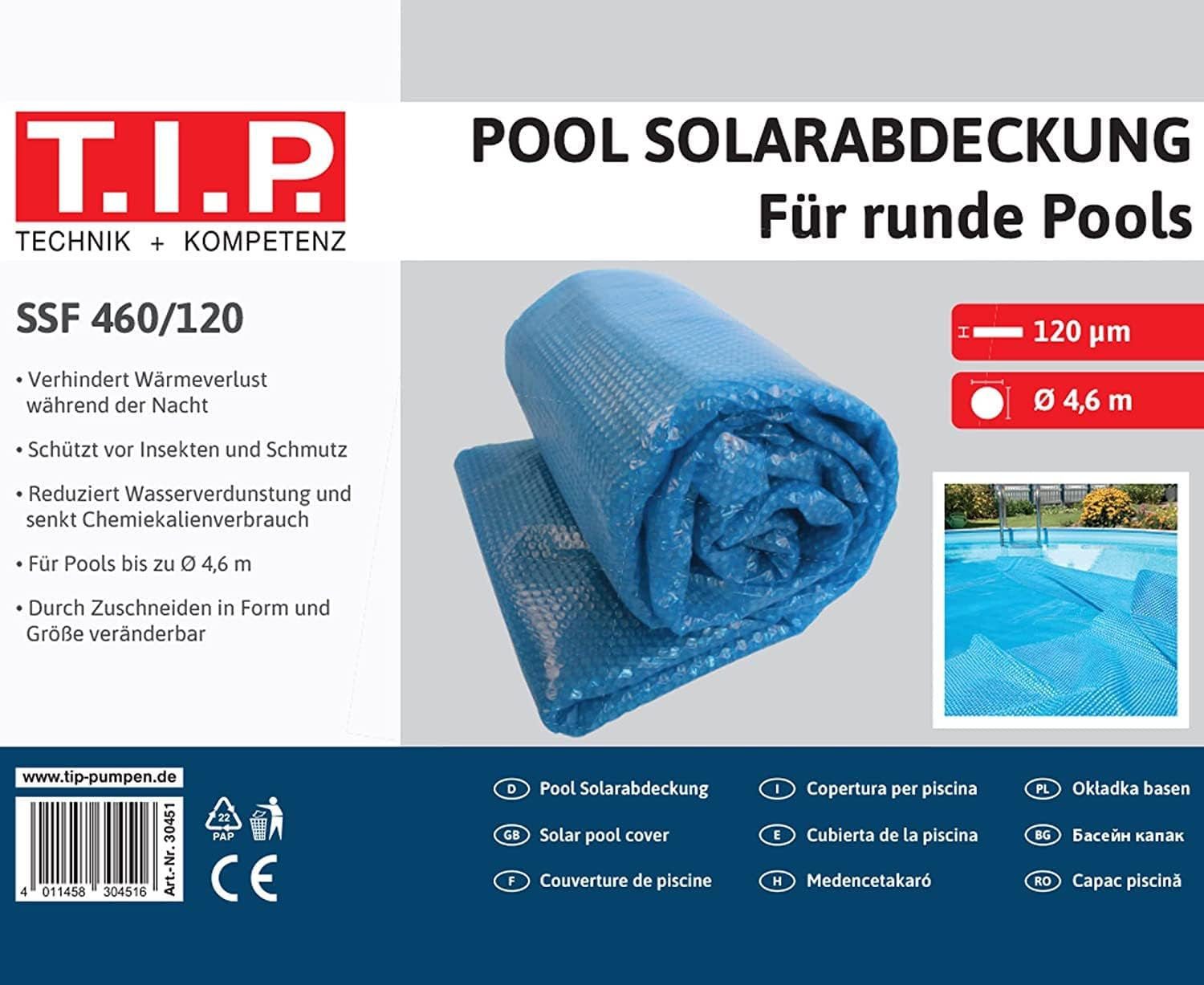 Acoperire solară TIP pentru piscine rotunde Ø 4,6 m - Acoperire eficientă pentru piscină, previne pierderile de căldură, ecologică, instalare ușoară, eficientă energetic prin energie solară, SSF 460/120, 30451