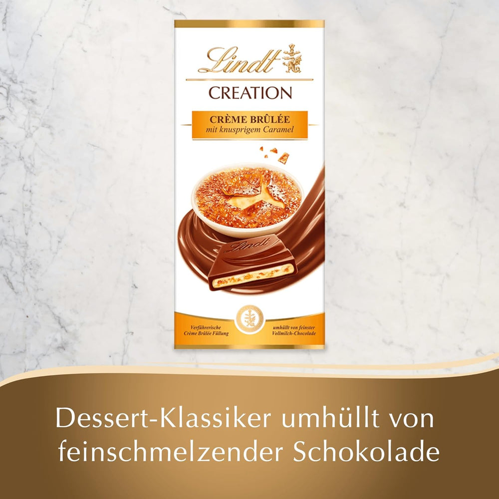 Batonik Crème Brûlée Lindt Czekolada Kreacja | Nadzienie Crème Brûlée z chrupiącym karmelem, oblane najlepszą mleczną czekoladą | Tabliczka czekolady | Prezent czekoladowy, 150g