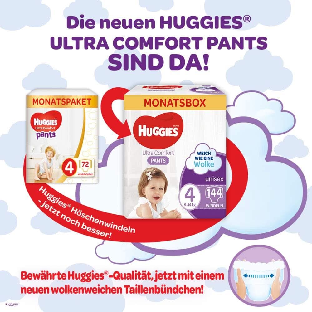 Spodnie Huggies Ultra Comfort rozmiar 4, 9-14 kg, Dla aktywnych dzieci, Ze wskaźnikiem wilgoci i technologią chmurki w pasie, 144 pieluchy dla matki i dziecka Naty Shop