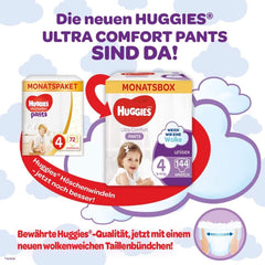 Spodnie Huggies Ultra Comfort rozmiar 4, 9-14 kg, Dla aktywnych dzieci, Ze wskaźnikiem wilgoci i technologią chmurki w pasie, 144 pieluchy dla matki i dziecka Naty Shop