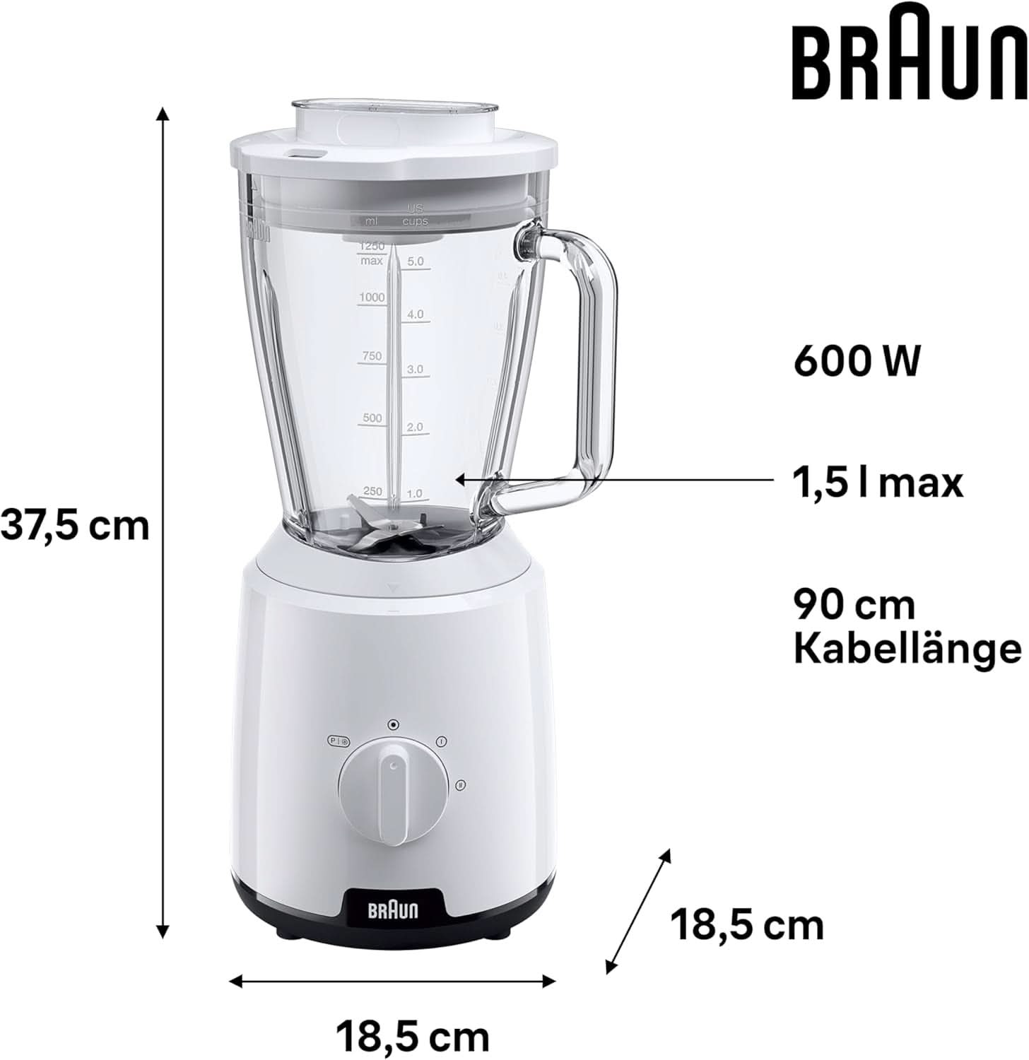 Braun Powerblend 1 JB1050WH - Mikser stojący Mit 1,5 L Glas-Mixaufsatz, Küchenhelfer Zum Zerkleinern, Pürieren & Mixen, Funkcja kruszenia lodu, 2 Geschwindigkeiten, 600 Watt, Weiß Kitchen Naty Shop