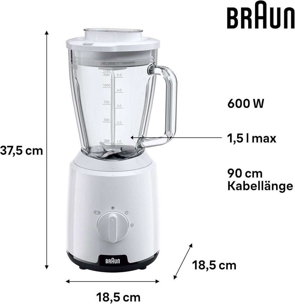 Braun Powerblend 1 JB1050WH - Mikser stojący Mit 1,5 L Glas-Mixaufsatz, Küchenhelfer Zum Zerkleinern, Pürieren & Mixen, Funkcja kruszenia lodu, 2 Geschwindigkeiten, 600 Watt, Weiß Kitchen Naty Shop