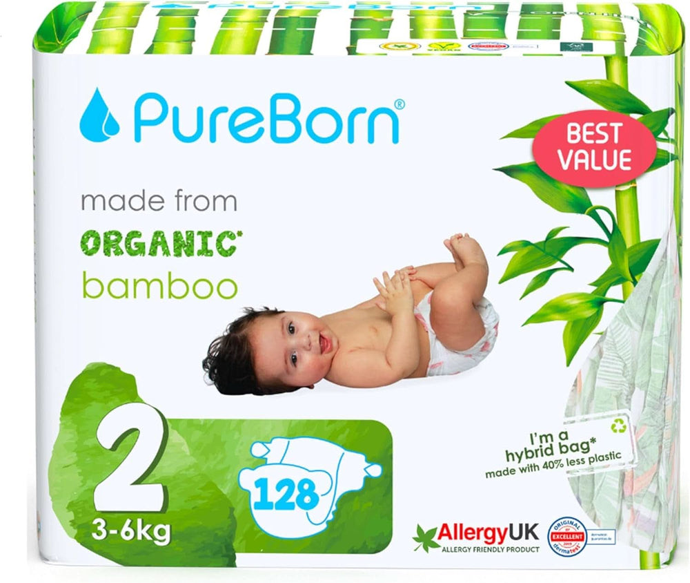 Pureborn Eco pieluszki bambusowe organiczne rozm. 2 (3-6 kg) Matka i Dziecko Naty Shop Rozm. 2 (128 pieluszek)