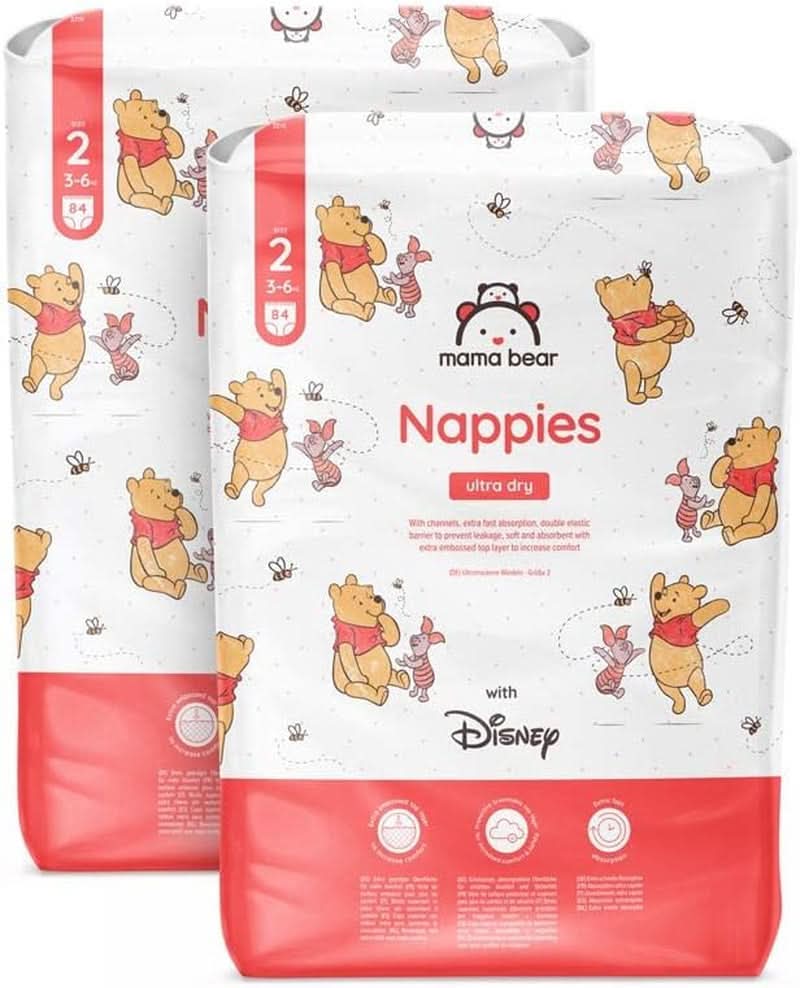 Pieluchy Mama Bear Disney Ultra Dry Rozmiar 4 (8-14kg), Białe, 84 sztuki (1 opakowanie) Naty Shop Rozmiar 2 (3-6kg) Opakowanie miesięczne
