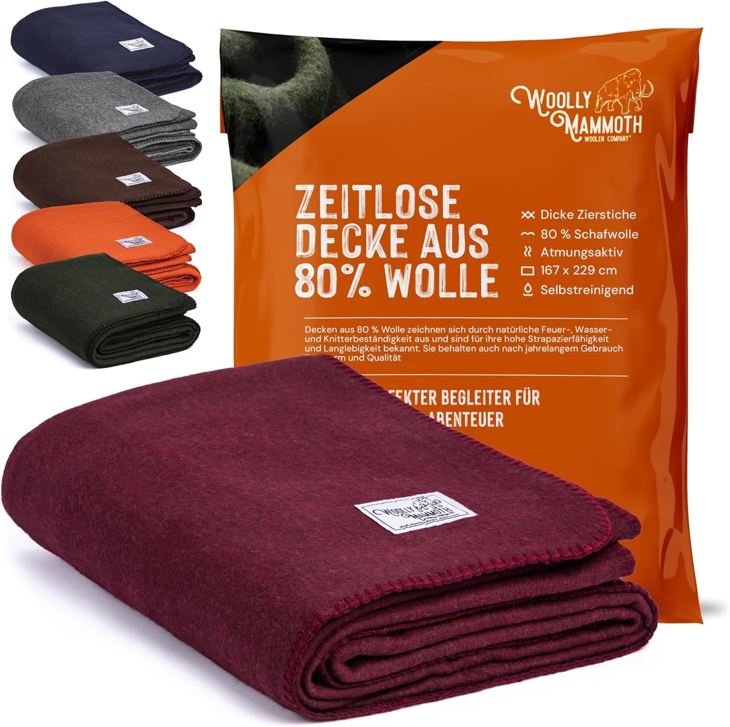 Woolly Mammoth Woolen Co. pătură de camping, extra mare, lână merino, Echipamentul perfect în aer liber pentru bushcraft, camping, trekking, drumeții, supraviețuire sau pătură în cabană. Maro, 168 X 228 Paturi si Cuverturi Woolly Mammoth Woolen Company Burgundy 66\" X 90\"