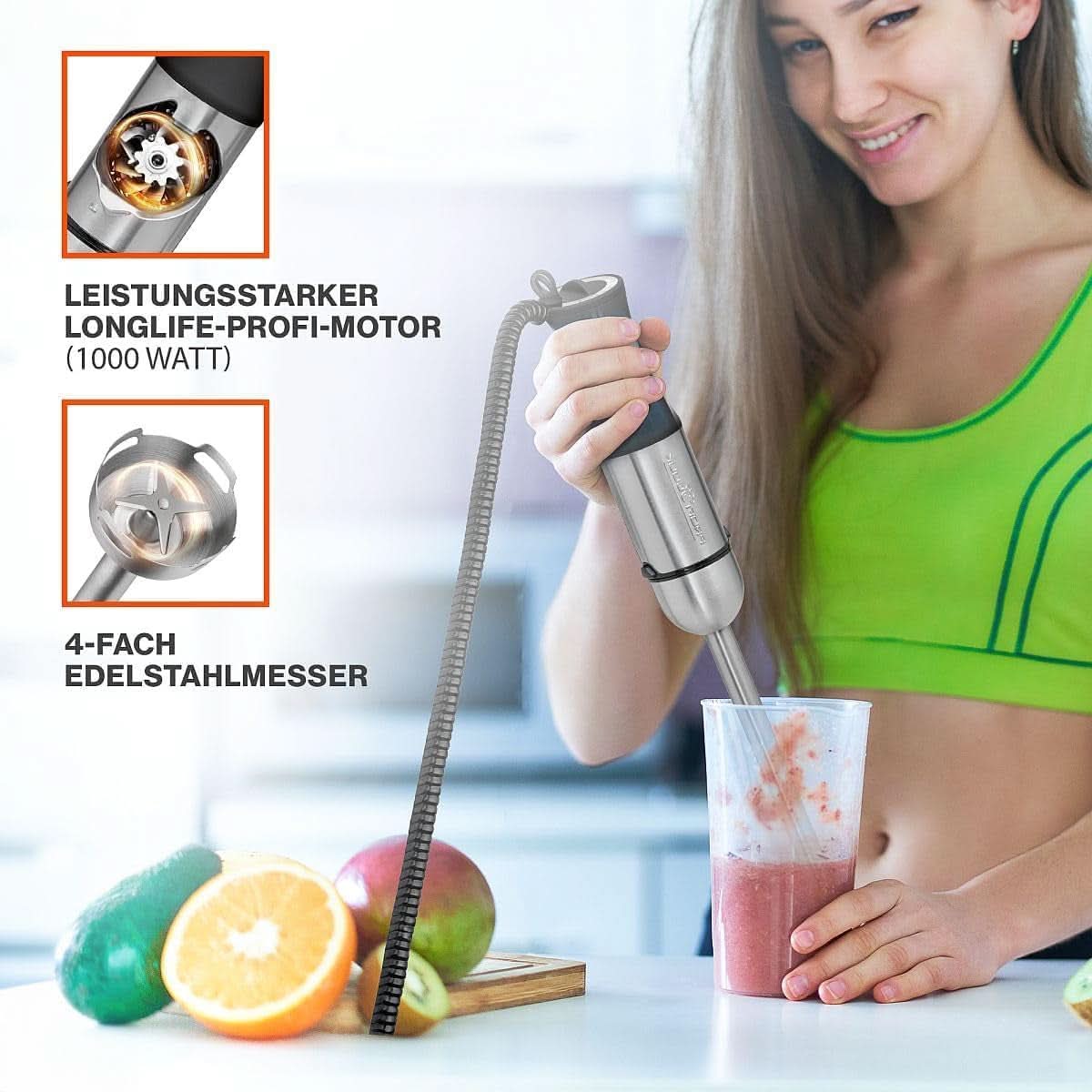 Proficook® 2In1 Mikser stojący i Schneebesen | Stabmixer 1000 Watt Für Mixen, Zerkleinern & Pürieren | Urządzenie do robienia smoothie M. Langem Mixstab | Pürierstab M. Edelstahlgehäuse & Soft Touch-Griff | PC-SMS 1220 Sklep Naty dla matki i dziecka
