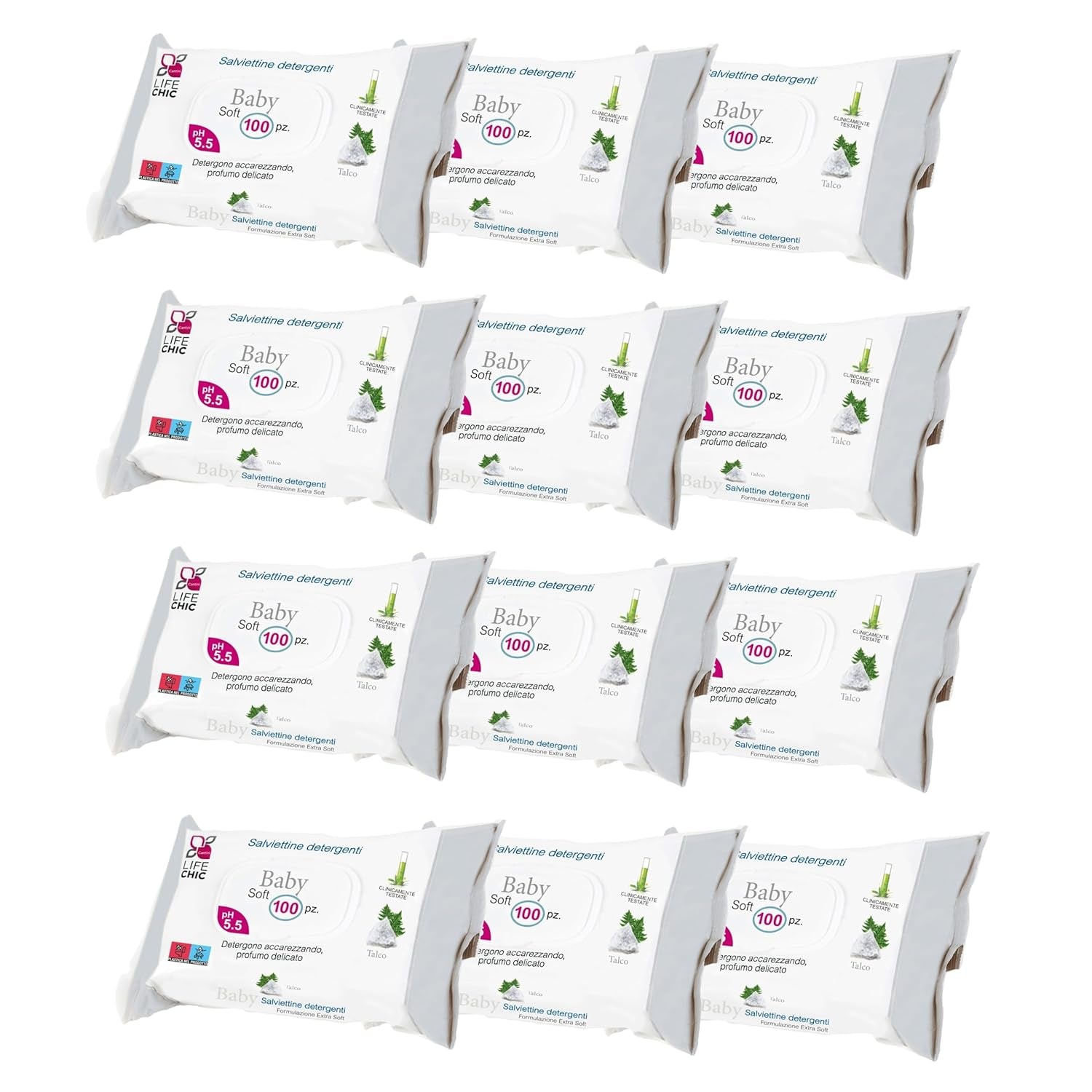Chusteczki dla niemowląt z talkiem do skóry wrażliwej, bez alkoholu, przyjazne dla skóry, pH 5,5, lekko pachnące, 1200 szt. (12 szt.)
