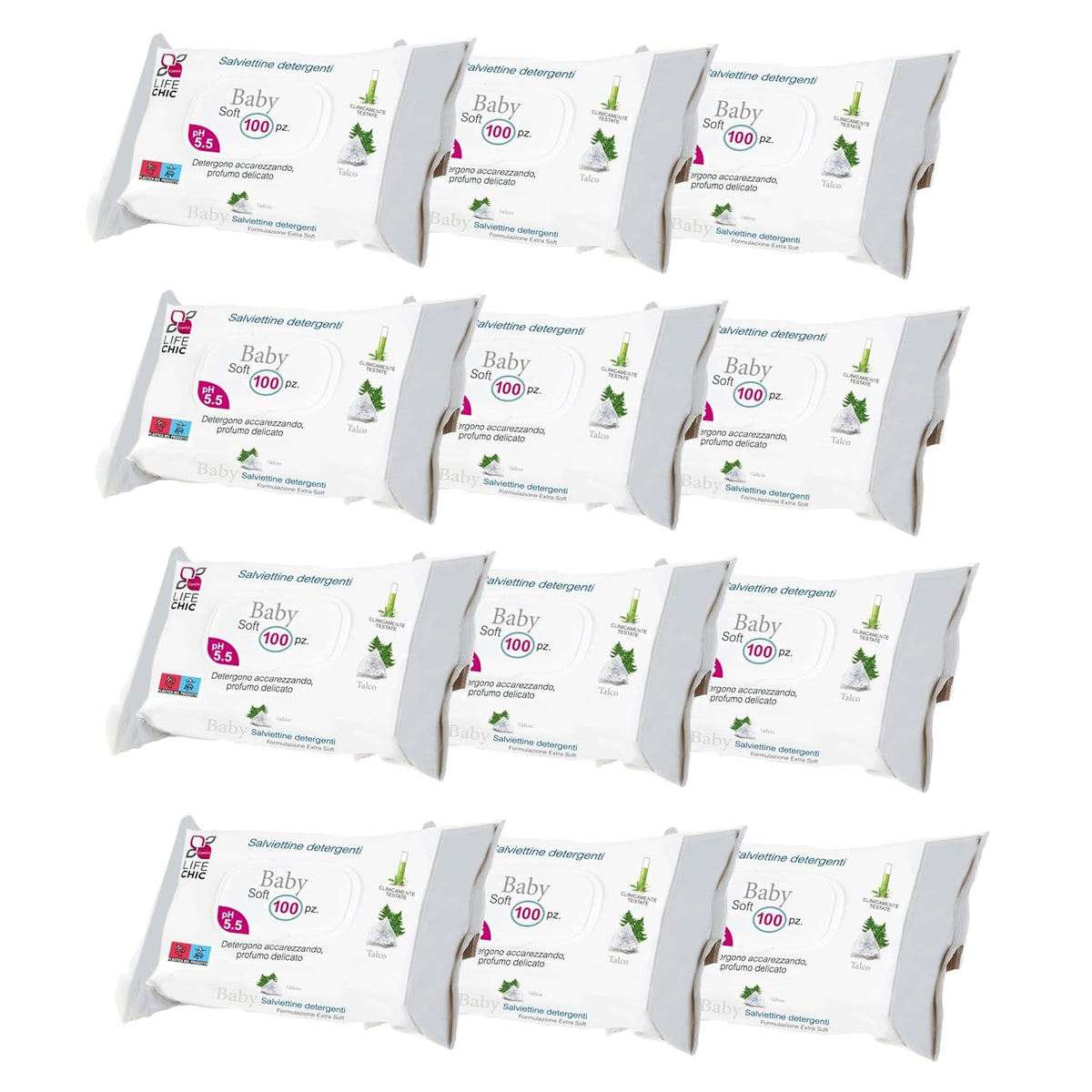 Chusteczki dla niemowląt z talkiem do skóry wrażliwej, bez alkoholu, przyjazne dla skóry, pH 5,5, lekko pachnące, 1200 szt. (12 szt.)