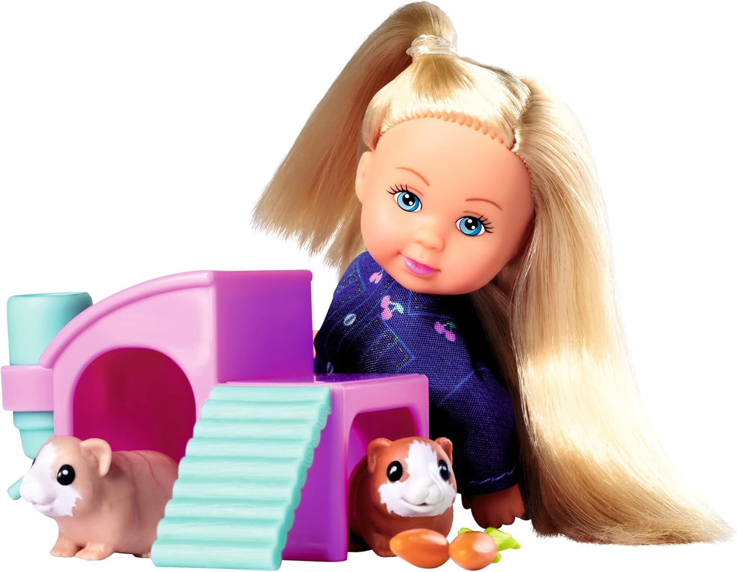 Simba Evi Love Guineea Pigs, păpușă de joacă cu doi porcușori de Guineea și căsuță, sticlă de apă și morcovi, 12 cm, vârste 3+