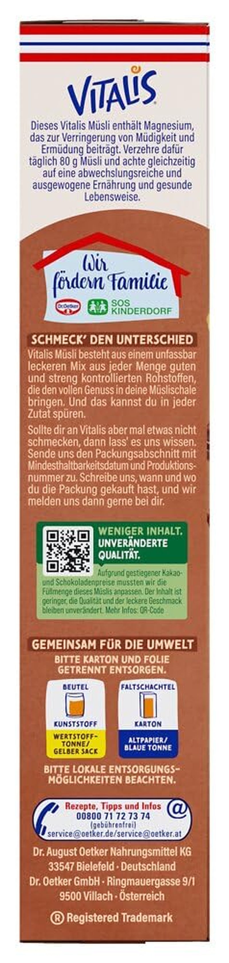 Dr. Oetker Vitalis Chocolate Muesli Classic: Muesli śniadaniowe z mleczną i gorzką czekoladą, opakowanie 7 szt. (7 x 600 g)