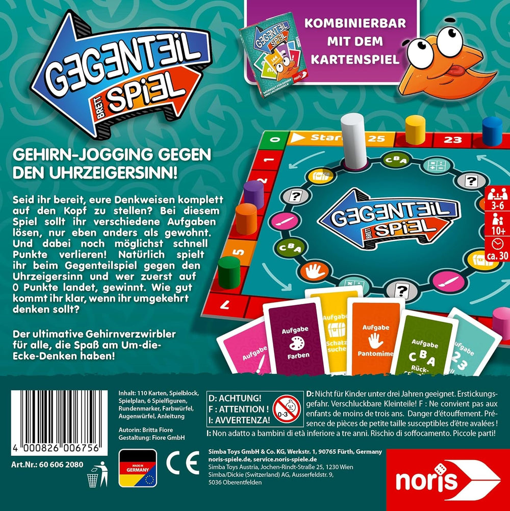 Noris 606062080 - Gegenteil Spiel (Brettspiel ab 10 Jahre) - kombinierbar mit dem Kartenspiel - verrücktes Konzentrationsspiel für Kinder und Erwachsene für 3-6 Spieler