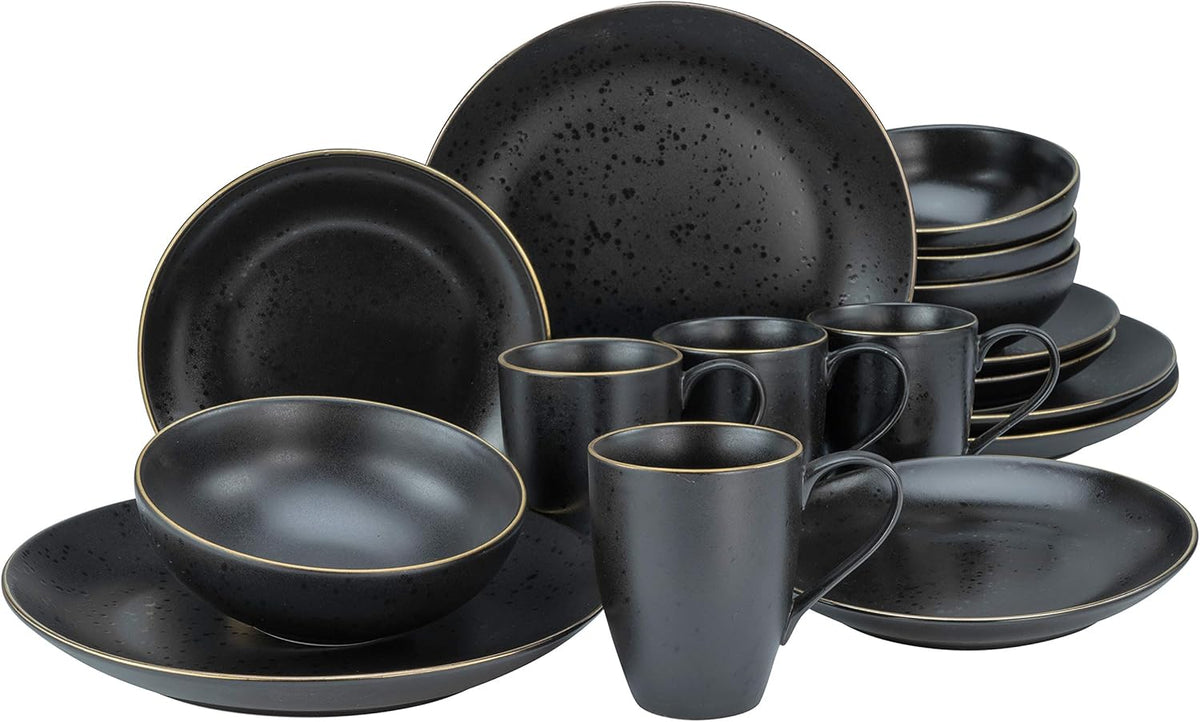 CreaTable, 22699, seria Industrial Gold BLACK, set de veselă cu 16 piese pentru 4 persoane, serviciu combinat din gresie, potrivit pentru mașina de spălat vase și cuptorul cu microunde, producție de calitate