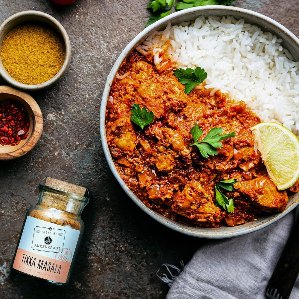 Ankerkraut Tikka Masala Gewürz Indien, 70g w Korkenglas, Lecker Curry mit Hähnchen, Gemüse, Reis Selber Zu Hause Kochen, Chicken Curry Zuckerfrei w jakości Premium
