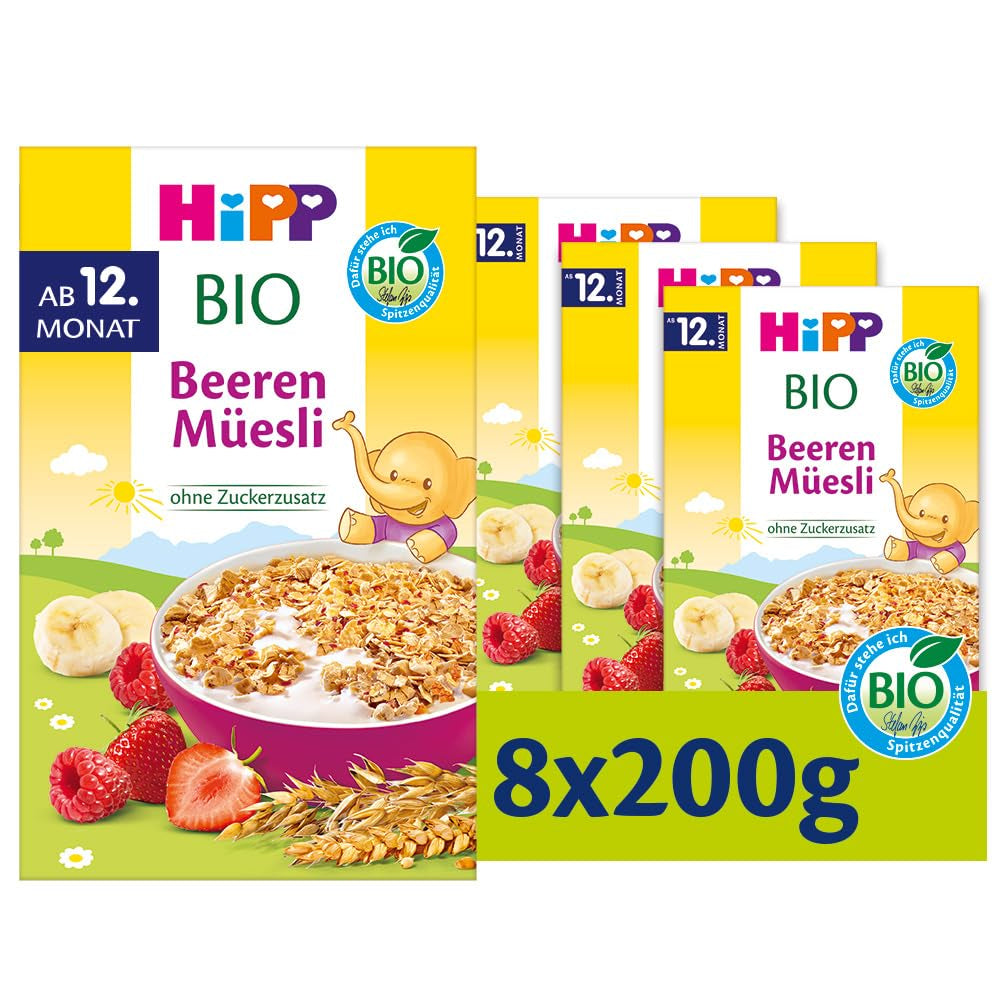HiPP Bio Beeren-Müesli (8 x 200g), ab 12. Monat, ohne Zuckerzusatz, besonders fine Stückchen - leicht zu Cheuchen, in bester Bio-Qualität