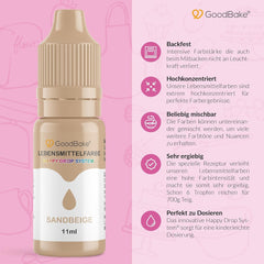 Colorant alimentar Goodbake Pastel Sand Beige (11 ml) – Colorant alimentar cu doză mare – Pentru colorarea prăjiturilor, fondantului, cremei de unt, macarons-urilor, băuturilor, slime-ului și multor altor obiecte. 100% vegan