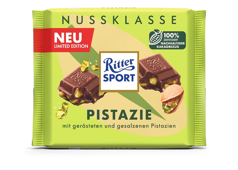 Ritter Sport Pistachio, mleczna czekolada z drobnymi kawałkami pistacji, czekoladowy klasyk, idealna na przekąskę i delektowanie się, świetny pomysł na prezent, 12 batonów x 100g