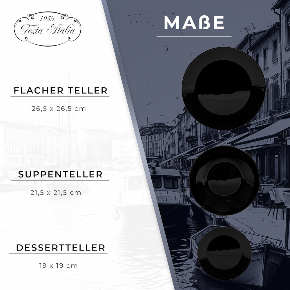 Set de veselă pentru 6 persoane - 18 piese - Set de farfurii din sticlă opal - Set de veselă neagră - Set de bol și farfurie - Veselă modernă - Farfurii - Serviciu de masă - Set de veselă pentru 6 persoane